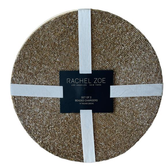 RACHEL ZOE Metallic GOLD Glass Beaded Charger Placemats 14" Round Set of 2 NEW - Picture 8 of 10